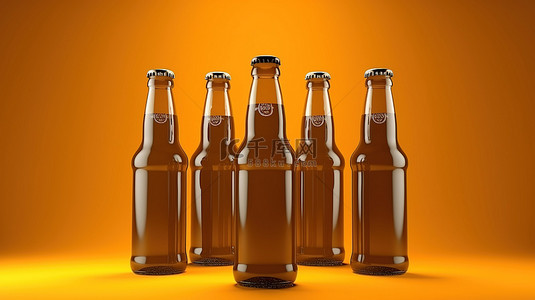 充满活力的橙色背景上六个单色啤酒瓶的 3D 渲染