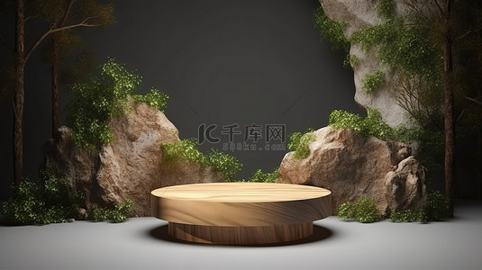 用于产品展示和广告设计的带绿色植物基座的天然岩石和木材讲台架样机模板