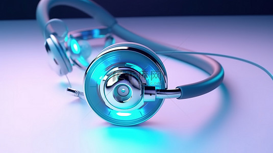 远程医疗背景图片_用蓝色听诊器以 3D 渲染的远程医疗概念