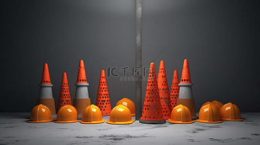 橙色头盔交通锥和建筑围栏在灰色背景下的 3D 渲染
