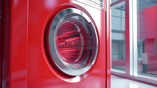 红色洗衣背景图片_在充满活力的红色窗户旁边关闭现代洗衣机的 3D 渲染