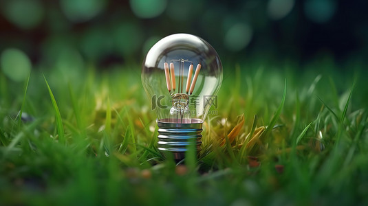 可持续能源的理念是郁郁葱葱的绿色草坪上由电池供电的环保灯泡3D 渲染