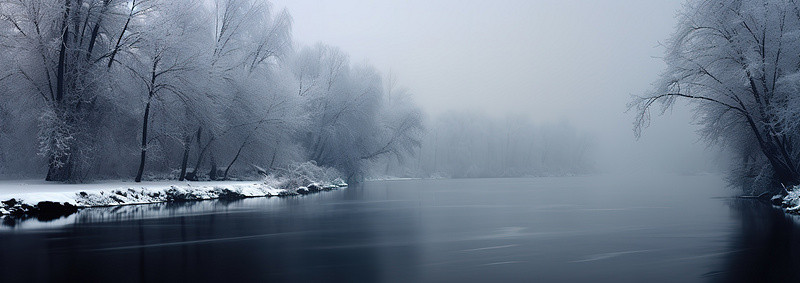 一条白雾缭绕的河流，树木被雪覆盖