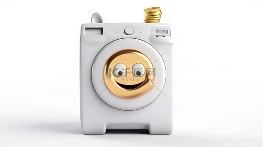 原始背景背景图片_原始背景上带有存钱罐和金币的当代白色洗衣机吉祥物的 3D 渲染