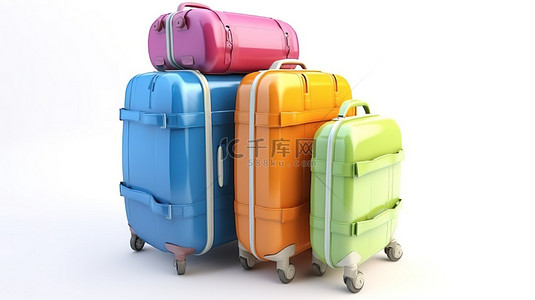 白色背景 3d 渲染中的彩色手提箱和背包