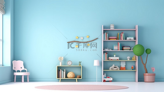 儿童房装饰背景图片_室内儿童房装饰有装饰元素的浅蓝色墙壁的 3d 渲染