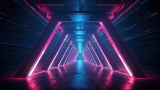 具有三角形形状的霓虹灯抽象未来空间隧道的 3D 渲染