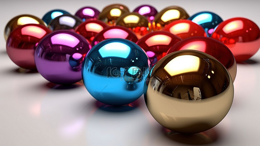 白色背景上 3D 渲染中闪闪发光的彩色球体