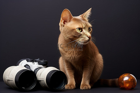 双筒望远镜旁边的一只棕色猫