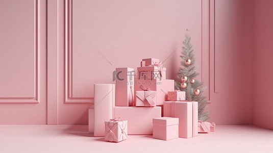 当下背景图片_3d 渲染图像中的粉红色讲台和礼品盒圣诞陈列柜