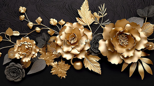黑色玫瑰花背景背景图片_黑色背景 3D 壁画金色花朵墙壁装饰框架用于家居室内