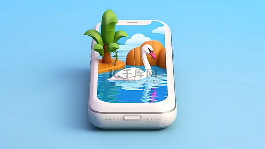 孩子暑假背景图片_暑假在线预订概念的 3D 插图，带有天鹅漂浮物和为智能手机用户提供充足的复制空间