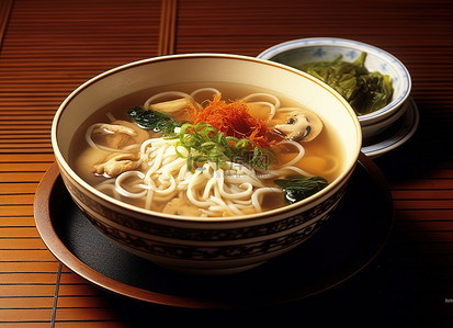 新年韩国背景图片_一碗韩国面条汤，里面有面条和蘑菇