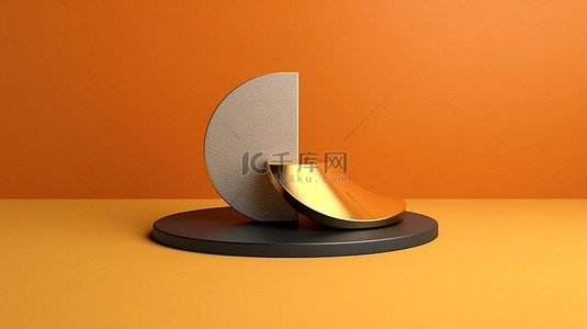 时尚的 3D 产品展示，在最小的金属讲台上带有浅橙色背景阴阳符号和金色线条口音