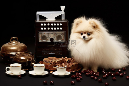 小豆子背景图片_一只小博美犬站在咖啡豆和收音机旁边