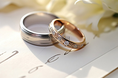 礼物页面背景图片_两个结婚戒指和一张婚礼请柬设置在打开的页面顶部
