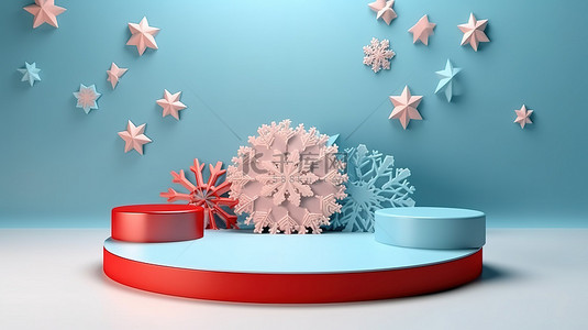 3D 冬季讲台，配有喜庆的红色和蓝色抽象设计和圣诞雪花，用于新年庆祝活动