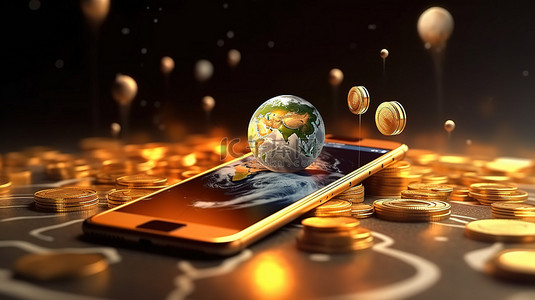 当硬币从智能手机传输到其他手机时，移动银行在线汇款的 3D 渲染