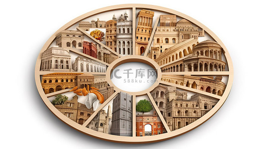罗马建筑背景背景图片_圆形 3D 图标，以风格化的汇编形式呈现意大利美食和罗马建筑