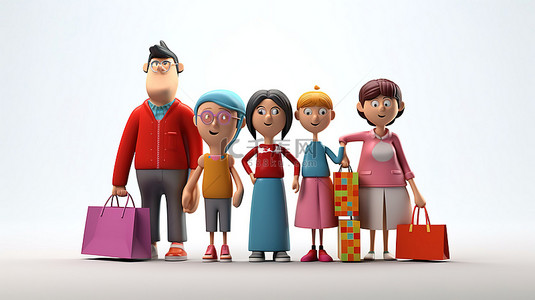 印度婦女背景图片_3d 插图中的家庭愉快地购物