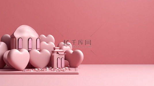 粉红色纸背景上巧克力心家居设计的 3D 渲染，一个甜蜜的住所