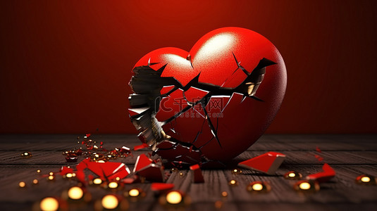 3d 插图描绘心碎的分离和离婚通过破碎的心