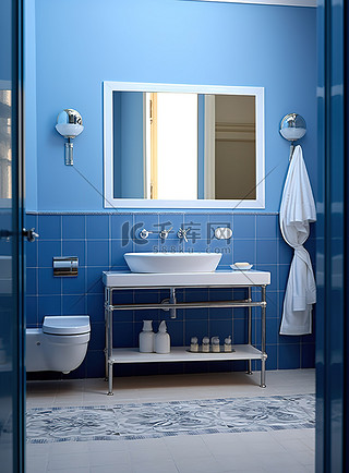 带镜子和水槽的蓝色浴室