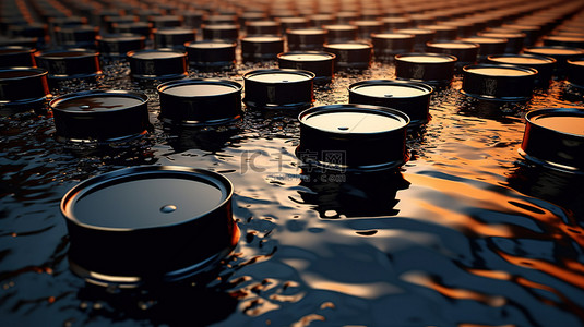 容器的水背景图片_漂浮在黑油海上的油桶的 3d 插图