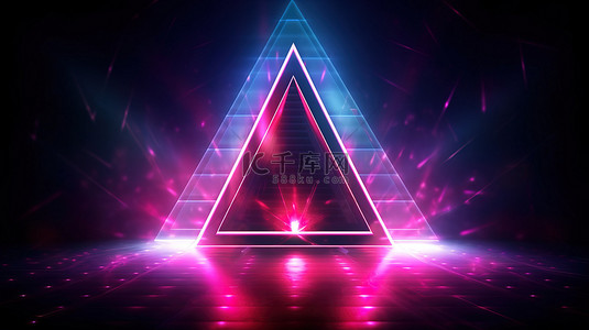 未来派霓虹灯舞台抽象三角形背景，带有发光激光灯和网络电振动 3D 渲染