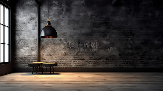 灰墙壁背景图片_别致的空阁楼，采用深色设计，配有黑砖墙地板和复古灯 3D 渲染
