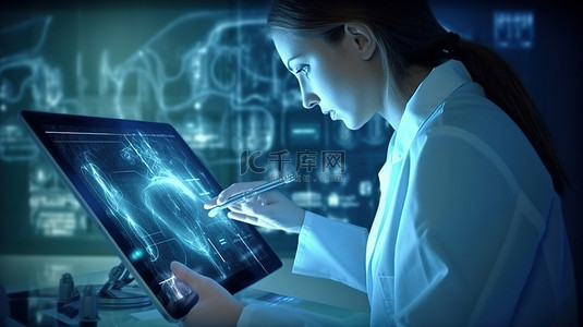 科技平板电脑背景图片_女医生手中的数字平板电脑 3D 合成图像