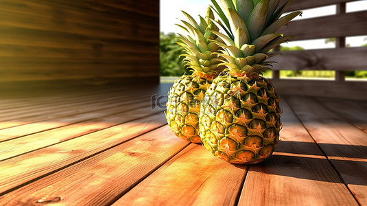 质朴的木桌上多汁且营养丰富的菠萝的 3D 渲染