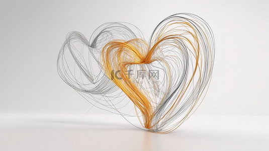 具有 3D 效果的连续线条艺术风格的金色和白色心形插图