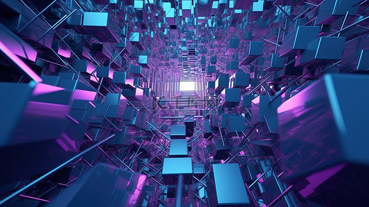 紫色和蓝色色调的抽象几何背景通过 3D 渲染令人惊叹的科幻插图