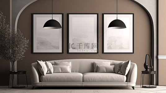 玻璃灯罩背景图片_米色墙壁内部场景，带有大灰色沙发和暖白色玻璃灯罩的 3D 渲染