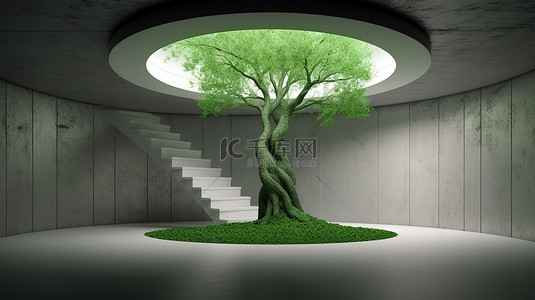 主角光环背景图片_绿树装饰 3d 圆形讲台地下室
