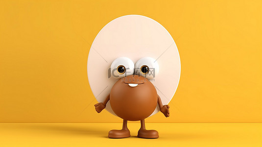 黄色背景的 3D 渲染，带有棕色鸡蛋吉祥物和白色广告促销台