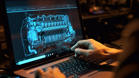 技术人员的手利用 3D 扫描技术扫描旧笔记本电脑屏幕上显示的汽车零件