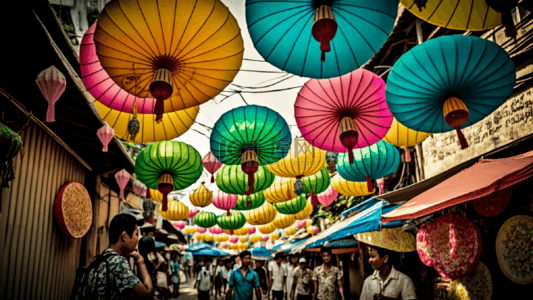 傣族小姑娘画背景图片_泼水节泰国集市背景