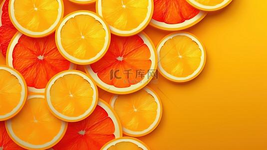 富有成效的 3D 渲染对角葡萄柚片设置在充满活力的橙色背景
