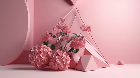 场景花卉背景图片_几何讲台上的花卉之美 3D 渲染杰作
