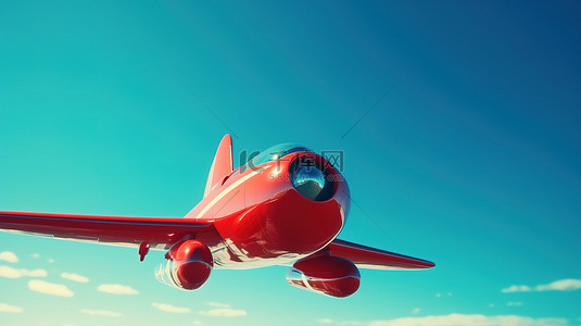 一架红色卡通喷气机在清澈的蓝天上翱翔的充满活力的 3D 插图