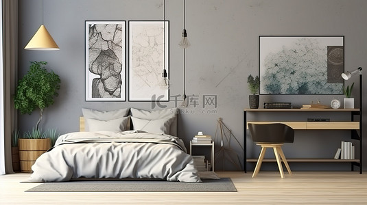 家具卧室背景图片_艺术卧室和家庭办公室，配有 3D 渲染的镶框艺术品