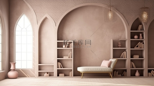 时尚舒适的室内设计，带有拱形图案墙背景和装饰模型