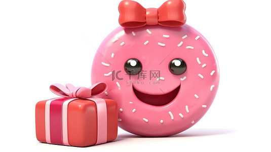粉红音乐会背景图片_白色背景的 3D 渲染，带有粉色釉面甜甜圈吉祥物，拿着红丝带包裹的礼品盒