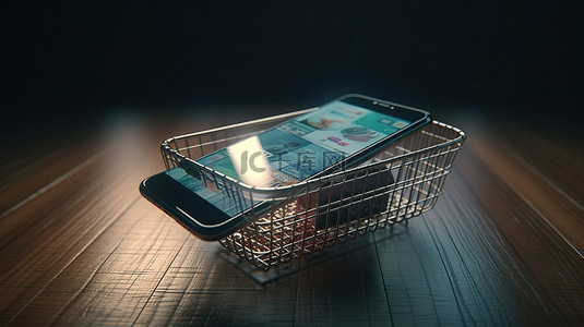 购物篮子背景图片_网上购物使信用卡和篮子与智能手机的 3D 渲染变得容易