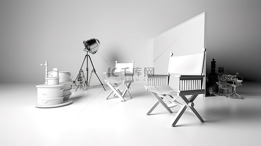 导演背景图片_时尚的办公椅环绕着电影导演的座位电影拍板扩音器在白色背景 3d 渲染