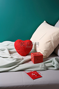 红色信封背景背景图片_一张床旁边有一个红色毛线球和一些礼品卡