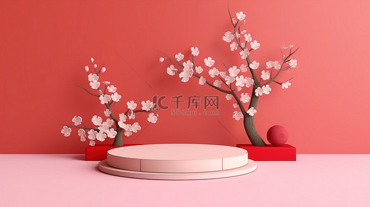 花朵红色背景背景图片_用于产品展示的大胆红色背景 3D 渲染上的樱花几何讲台和平底锅