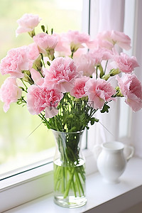 粉色康乃馨背景图片_窗外花瓶里的粉色康乃馨